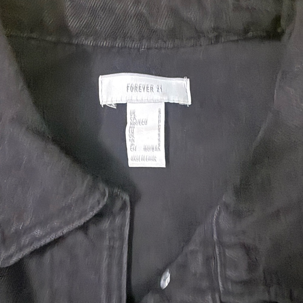 Forever 21 Black Jean Jacket denim faux leather Fringe western boho size Small - Picture 10 of 12